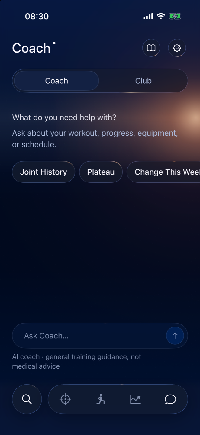 Gradia Coach with prompts for joint history, plateau and changing the week