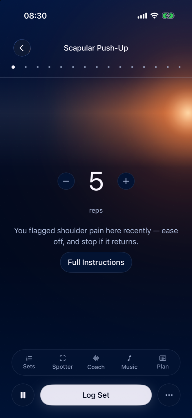 Gradia active workout showing 5 reps of Scapular Push-Up with a shoulder-pain warning